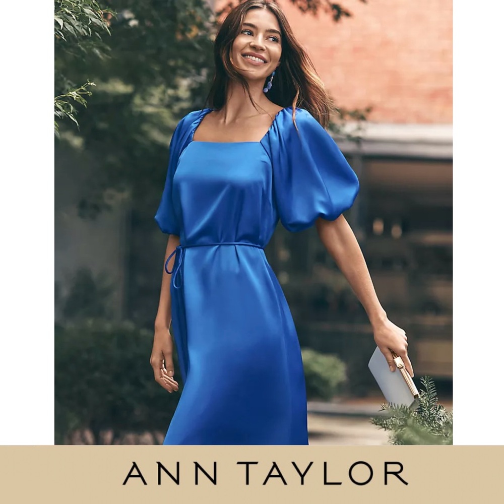 Ann Taylor Vibrant Blue Puff Sleeve Square Neck Dress NEW with Tags Size 14
